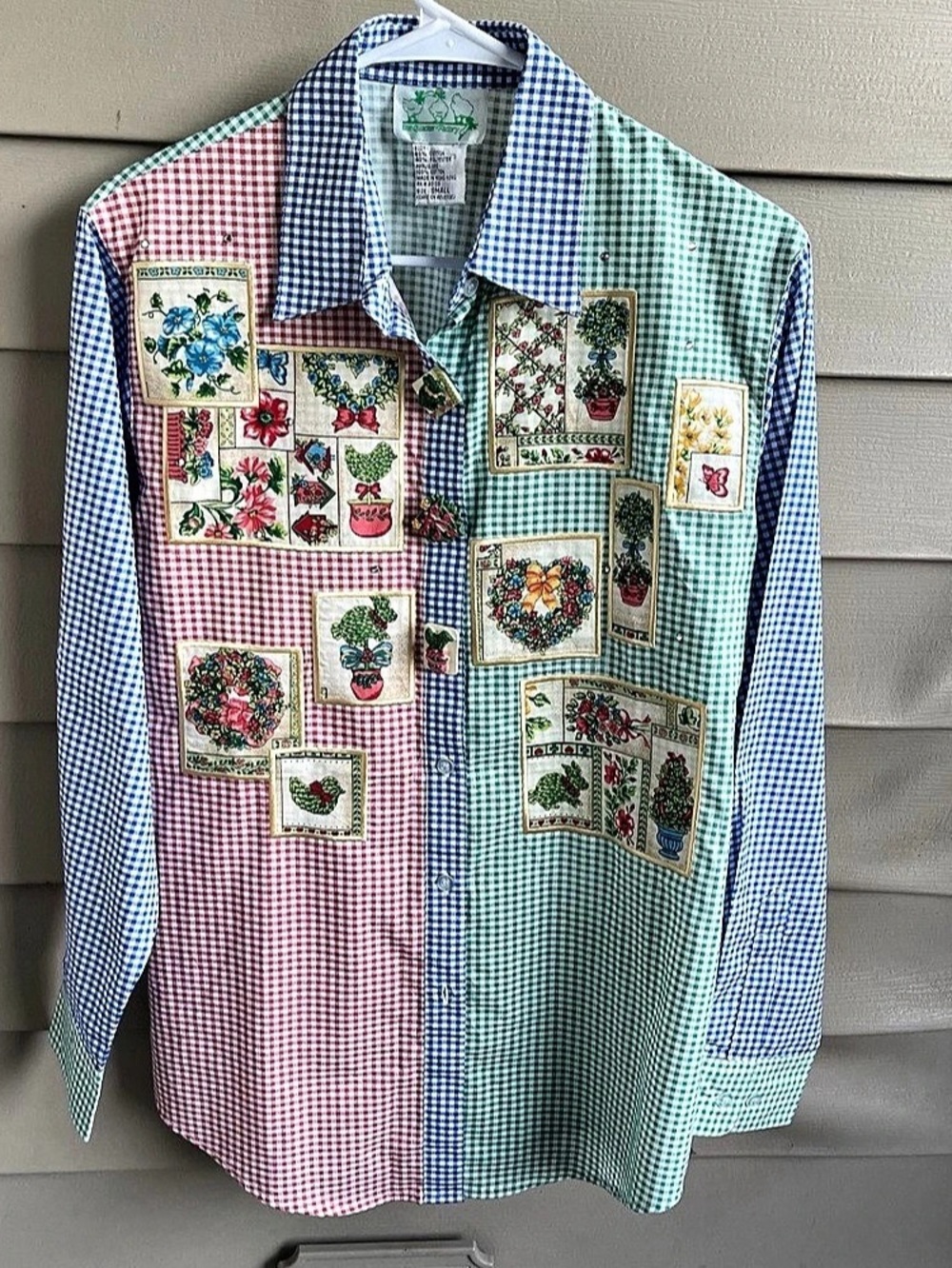 Vintage Quacker Factory Shirt S Gingham Floral Applique Patchwork Cottagecore 90